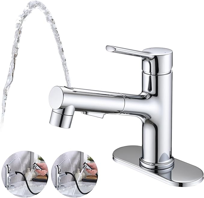 Bathroom Sink Faucet with Pull Out Sprayer, Single Handle Modern Bathroom Basin Faucet with Pop-up Sink Drain Stopper & Deck Plate 1 or 4-inch Centerset 3 Hole, Chrome