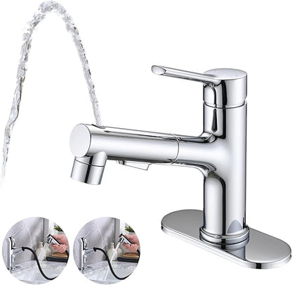 Bathroom Sink Faucet with Pull Out Sprayer, Single Handle Modern Bathroom Basin Faucet with Pop-up Sink Drain Stopper & Deck Plate 1 or 4-inch Centerset 3 Hole, Chrome