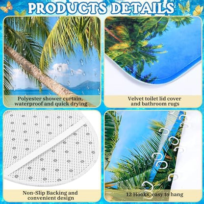 FuWeave 8 Pcs Tropical Beach Shower Curtain Set Summer Palm Tree Bathroom Decor Sea Ocean Waterproof Bathroom Accessories Shower Curtain Sets with Towels Carpet Bath Mat Toilet Rugs and 12 Hooks