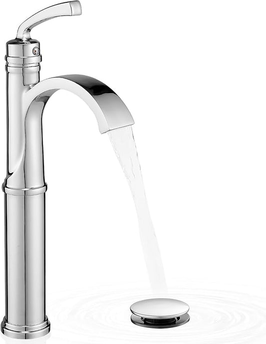 Tall Waterfall Bathroom Faucet Chrome, Single Handle Brass Vessel Faucet, Tall Faucet for Bathroom Sink, Bathroom Vanity Faucets 1 Hole with Pop up Drain Water Lines