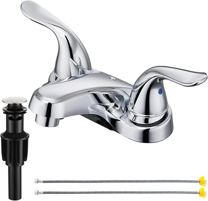 Bathroom Sink Faucets 2/3 Hole,Chrome Plating Dual Handles 4 inch Plastic Plating Over Bathroom Faucet with Pop-up Drain and 2 Supply Hoses for Apartment Rvs Sink Vanity