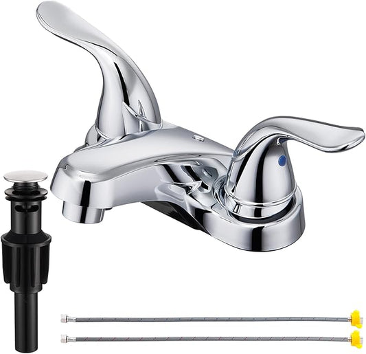 Bathroom Sink Faucets 2/3 Hole,Chrome Plating Dual Handles 4 inch Plastic Plating Over Bathroom Faucet with Pop-up Drain and 2 Supply Hoses for Apartment Rvs Sink Vanity