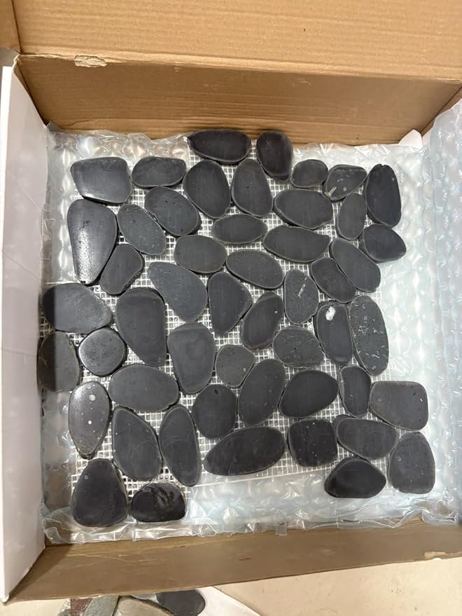 Stone Pebble Tile Black Sliced for Bathroom Shower Floor, 5 SqFt | Stain Resistant 12"X12" Pebble Stone Tile for Kitchen, Fireplace Surround & Spa Wall Decor, Outdoor Areas And Garden Path