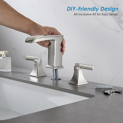 Brushed Nickel Waterfall Bathroom Faucet, Sanliv 3-Piece Wide Spread Bathroom Faucets for 3-Hole Sinks 4-8 inch, 2-Handle Vanity Faucet with Drain Assembly, Brushed Nickel