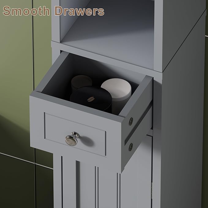 ChooChoo Narrow Bathroom Storage Cabinet with Adjustable Shelves, Tall Storage Cabinet with 2 Doors and 1 Drawer, Freestanding Cupboard for Small Spaces, Grey