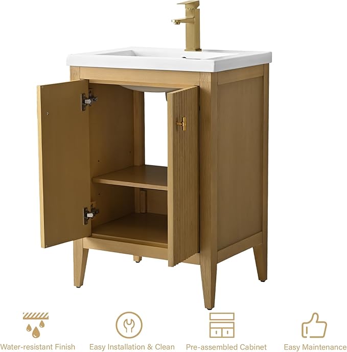HOMEBEYOND 24" Bathroom Vanity with Ceramic Sink, Solid Wood Free-Standing Vanities Cabinet, Ceramic Top, Golden Brushed Handware & Soft Closing Door, Natural Oak