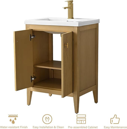 HOMEBEYOND 24" Bathroom Vanity with Ceramic Sink, Solid Wood Free-Standing Vanities Cabinet, Ceramic Top, Golden Brushed Handware & Soft Closing Door, Natural Oak