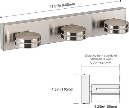3-Light Bathroom Vanity Light 23.62in Brushed Nickel Vanity Light | 5CCT 18W LED Bathroom Light Fixtures Over Mirror,Dimmable 360°Rotate for Makeup Vanity Table Bathroom Mirror Bedroom