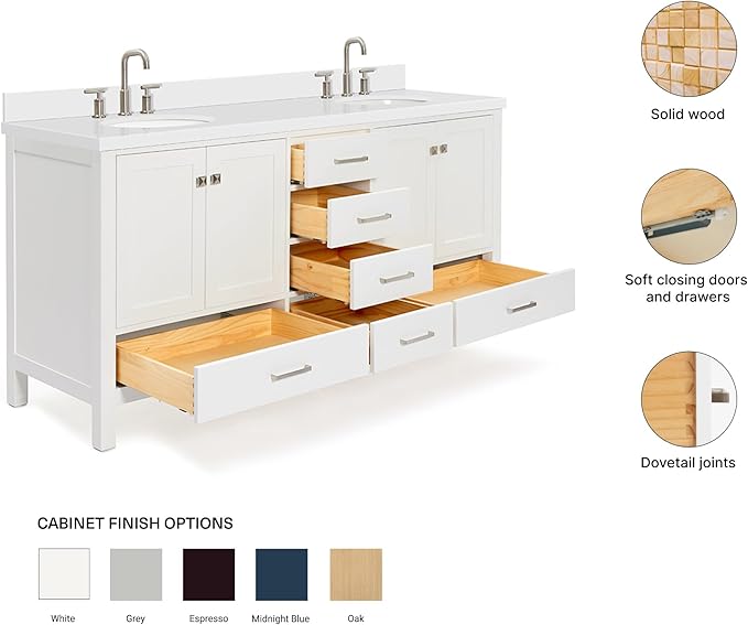ARIEL Cambridge 72-inch Bathroom Vanity with Sink,Solid Wood, 1.5-inch Pure White Quartz Countertop & Backsplash, Double Oval Porcelain Sink, 4 Soft Closing Doors, 6 Dovetail Drawers, White