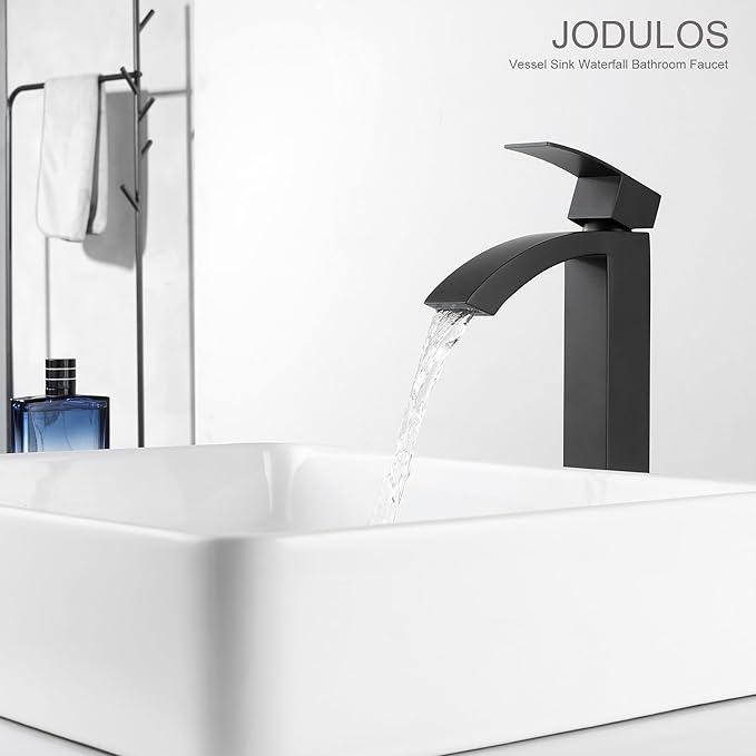 Black Matte Waterfall Vessel Sink Faucet Bathroom, Stainless Steel Tall Bathroom Faucet Single Hole with cUPC Supply Hose and Pop Up Stopper JU-BS101-BK