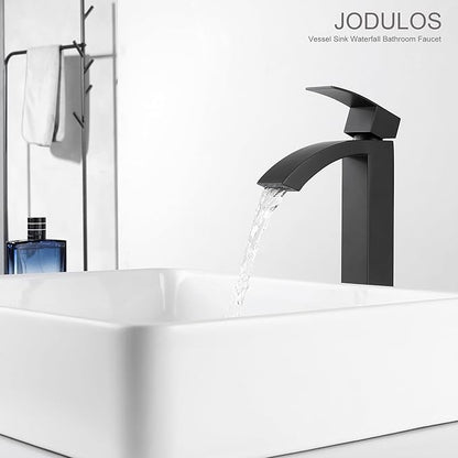Black Matte Waterfall Vessel Sink Faucet Bathroom, Stainless Steel Tall Bathroom Faucet Single Hole with cUPC Supply Hose and Pop Up Stopper JU-BS101-BK