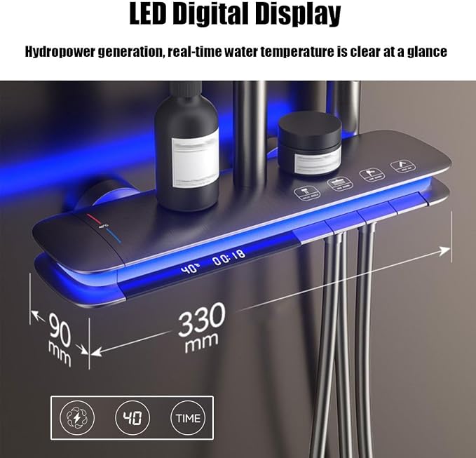 BEITH Thermostatic Shower System, 4 Piano Keys UFO Shower Faucet Set, 31x20cm Square Shower Set, Digital Display, 360° LED Ambient Light, Hydroelectric Power, with Bathtub Faucet (Gun Gray)