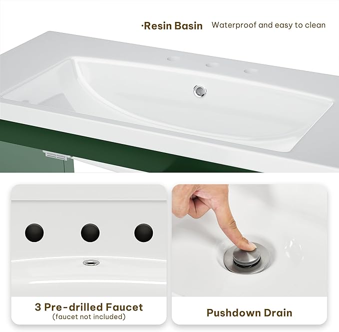 DWVO 36 Inch Bathroom Vanity with Sink Combo, Modern Bathroom Storage Cabinet with Resin Basin, Three Holes, 2 Doors & 3 Drawers, Green