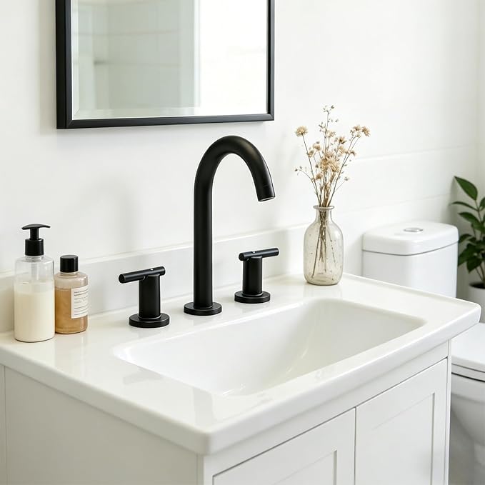 Matte Black Bathroom Faucet 3 Hole, VAPSINT 8 Inch Widespread Black Bathroom Sink Faucet, 2 Handle Modern Bathroom Faucets for Vanity Lavatory RV Restroom with Pop Up Drain & Supply Hoses