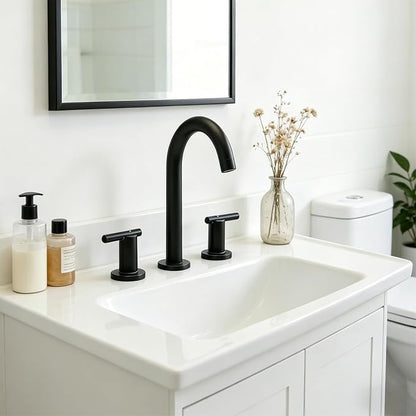 Matte Black Bathroom Faucet 3 Hole, VAPSINT 8 Inch Widespread Black Bathroom Sink Faucet, 2 Handle Modern Bathroom Faucets for Vanity Lavatory RV Restroom with Pop Up Drain & Supply Hoses