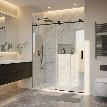 Frameless Sliding Shower Door, 44" to 48" Adjustable Width x 76" Height, 1/4" (6mm) SGCC Tempered Clear Glass with Easy-to-Clean Coating, Matte Black Round Rail