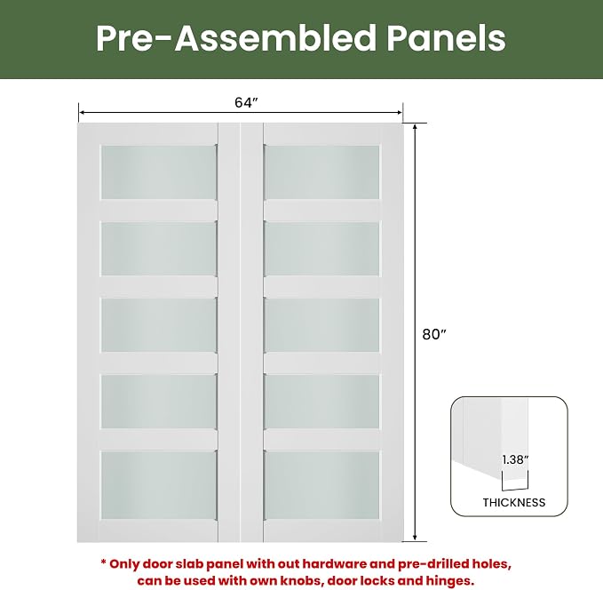 SMARTSTANDARD 64" x 80" Frosted Glass Pantry Door, Solid Core Slab Door | Pre-Assembled 5-Panel without Hardware, French Interior Door for Pantry Pocket, White Primed