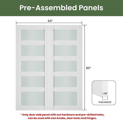 SMARTSTANDARD 64" x 80" Frosted Glass Pantry Door, Solid Core Slab Door | Pre-Assembled 5-Panel without Hardware, French Interior Door for Pantry Pocket, White Primed