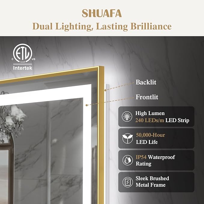 72X36 Inch LED Bathroom Mirror with Lights, Gold Frame Frontlit+ Backlit Bathroom Vanity Mirror for Wall, Ultra-Clear Tempered Glass, Shatter-Proof, Anti-Fog and Memory Function, ETL Listed | Bathroom Vanity Mirror for Wall, Ultra-Clear Tempered Glass,...