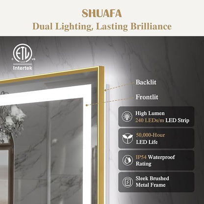 30X36 Inch Frontlit+ Backlit LED Bathroom Mirror with Lights Gold | Bathroom Vanity Mirror for Wall, Ultra-Clear Tempered Glass, Shatter-Proof, Anti-Fog and Memory Function, ETL Listed