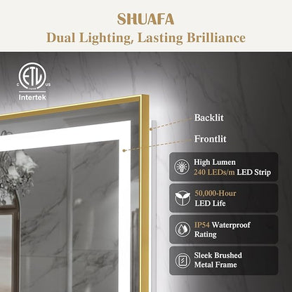60X36 Inch LED Bathroom Mirror with Lights, Gold Frame Frontlit+ Backlit Bathroom Vanity Mirror for Wall, Ultra-Clear Tempered Glass, Shatter-Proof, Anti-Fog and Memory Function, ETL Listed
