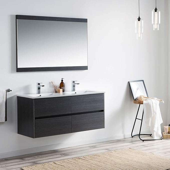 Blossom 48 inch Bathroom Vanity with Sink, Double Ceramic Sink Wall Mounted Floating Bathroom Vanity Cabinet, All Wood Bathroom Storage Organizer, Soft-Closing U-Shaped Cutout Drawers, Silver Grey