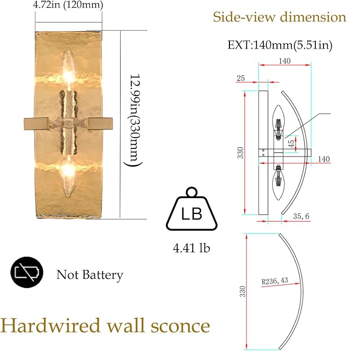 2-Light Modern Gold Wall Sconce with Water Rippled Glass Shades | 13 Inch Hardwired Indoor Wall Light with Gold Finish for Hallway, Living Room, Bedroom, Kitchen