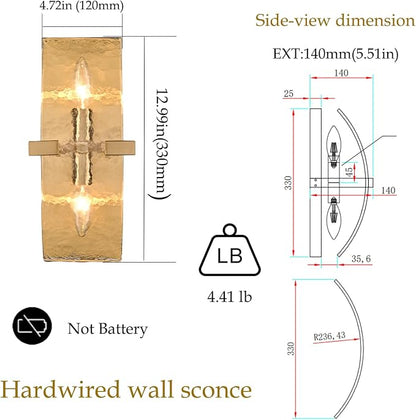 2-Light Modern Gold Wall Sconce with Water Rippled Glass Shades | 13 Inch Hardwired Indoor Wall Light with Gold Finish for Hallway, Living Room, Bedroom, Kitchen