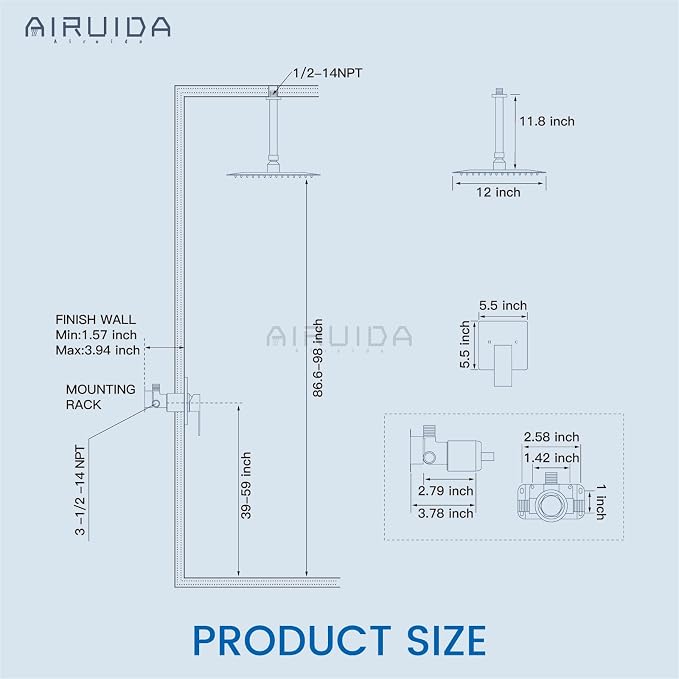 Airuida 12 Inch Matte Black Shower Faucet Set,Rainfall Shower System | Ceiling Shower Head,Male Thread Rough-in Valve,Ceiling Mount,Single Handle