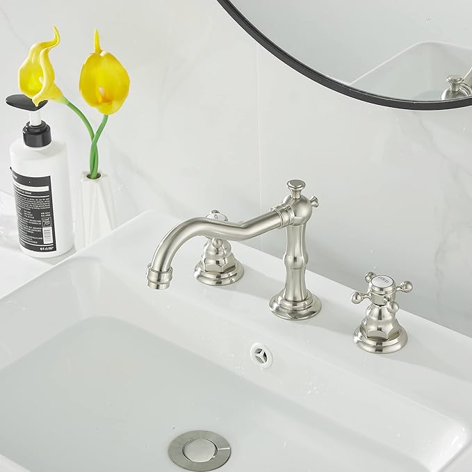 GGStudy 2 Handles 3 Holes Faucet Widespread Bathroom Sink Faucet Brushed Nickel Basin Tap Mixer Faucet Matching Pop Up Drain
