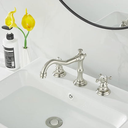 GGStudy 2 Handles 3 Holes Faucet Widespread Bathroom Sink Faucet Brushed Nickel Basin Tap Mixer Faucet Matching Pop Up Drain