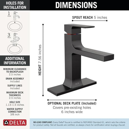 Delta Velum Matte Black Bathroom Faucet 1 Hole, Single Hole Bathroom Sink Faucet for Vanity, Metal Push-Pop Drain Assembly, Matte Black 537-BLMPU-DST