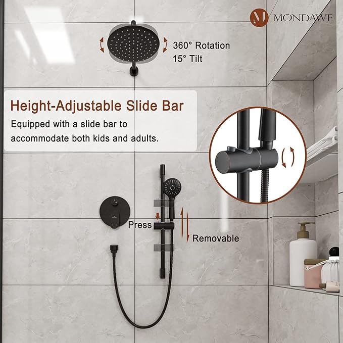 MONDAWE 9 Inch Wall Mounted Shower Faucet Set in Oil Rubbed Bronze, Rainfall Shower Head with 3-Setting Handheld Spray Shower Set Combo, High Pressure Shower System with Solid Brass Valve