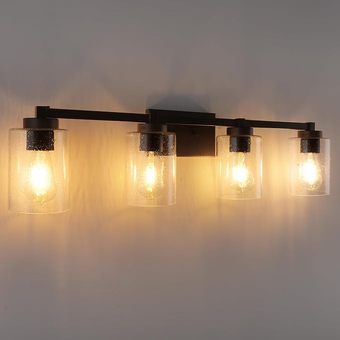 Beionxii 34In Farmhouse Bathroom Light Fixtures,Rustic Vanity Light Fixture | 4-Light Bathroom Vanity Light Fixture, Seeded Glass Shade, Oil Rubbed Bronze Over Mirror for Bathroom Living Room, BXMB9002-4