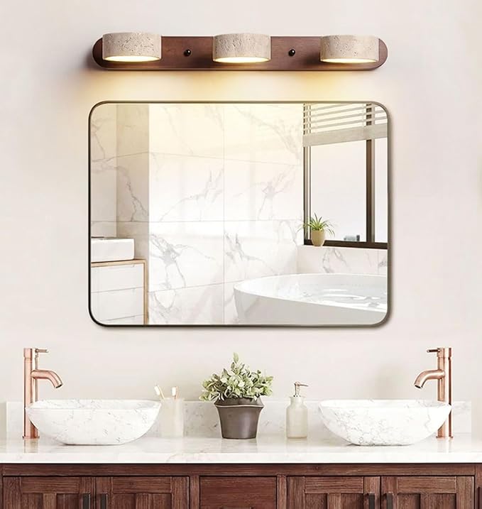 Dark Wood Farmhouse Bathroom Vanity Light Natural Stone Shade | Travertine 3 Lights Linear Bathroom Wall Sconce Rotatable LED Wall Light Over Mirror - Walnut Color