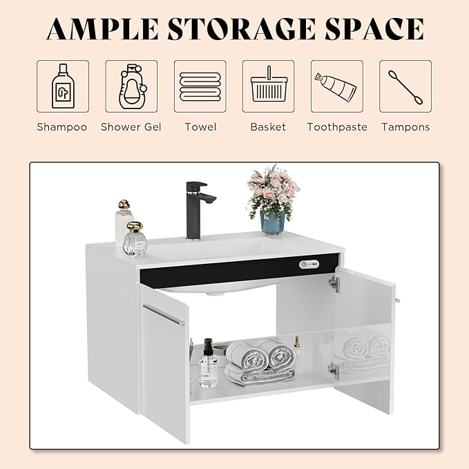 AMERLIFE 31" LED Floating Bathroom Vanity with Single Sink, Modern High Gloss Wall Mounted Bathroom Storage Cabinet with Metal Handles, White