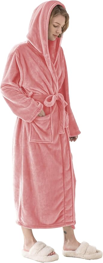 Robes for Women - Hooded Plush Fleece Bathrobe with Sash & Pockets, Full-Length Lightweight Spa Robe