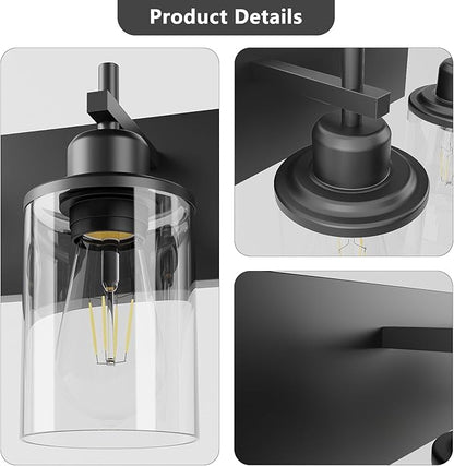 4-Light Black Bathroom Light Fixture Over Mirror Modern Farmhouse Bathroom Vanity Light Vintage Wall Lighting with Clear Glass Shade for Bathroom, Bedroom, Hallway, Cabinet
