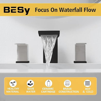 BESy Bathroom Faucet 3 Holes Two Handles Vanity Widespread 8 Inch Bathroom Sink Faucet, Waterfall Bathroom Sink Faucet with cUPC Supply Hoses, Pop Up Drain, Stainless Steel, Matte Black with Nickel
