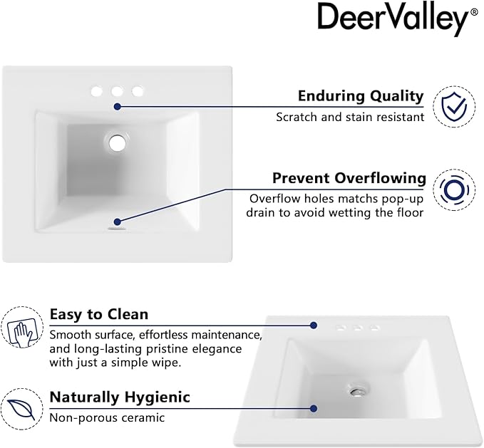 DeerValley 21x18 Inch Rectangular Fireclay Drop-in Bathroom Sink, White Vessel Sink with Overflow, Modern Art Basin, DV-1DS0123
