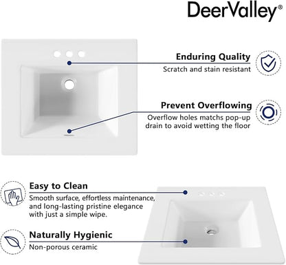 DeerValley 21x18 Inch Rectangular Fireclay Drop-in Bathroom Sink, White Vessel Sink with Overflow, Modern Art Basin, DV-1DS0123