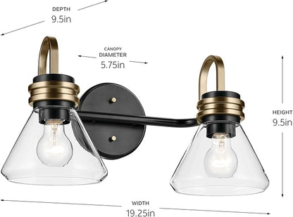 Kichler Farum 19.25" 2-Light Vanity Light with Clear Glass in Black, for Vanity, Jack & Jill Layout, Over a Mirror (19.25" W x 9.5" H), 55154BKCLR