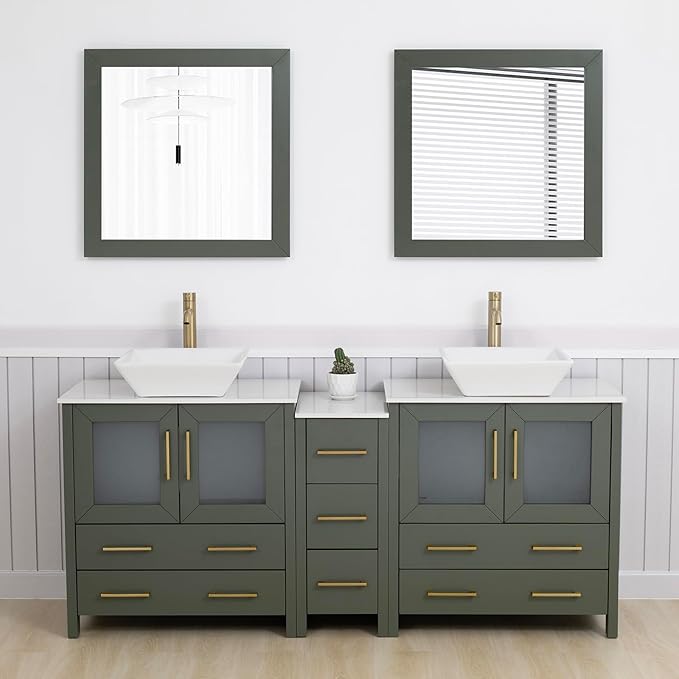 Vanity Art 72 Inch Vessel Double Sink Bathroom Vanity Cabinet with 2 Mirrors, Engineered Marble Top Bathroom Cabinet Compact Set with 7 Dovetail Drawers and Soft Closing Doors, VA3130-72VG