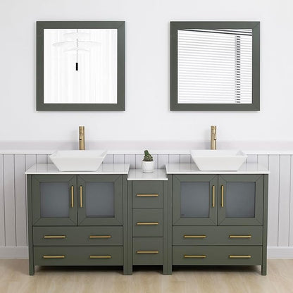 Vanity Art 72 Inch Vessel Double Sink Bathroom Vanity Cabinet with 2 Mirrors, Engineered Marble Top Bathroom Cabinet Compact Set with 7 Dovetail Drawers and Soft Closing Doors, VA3130-72VG