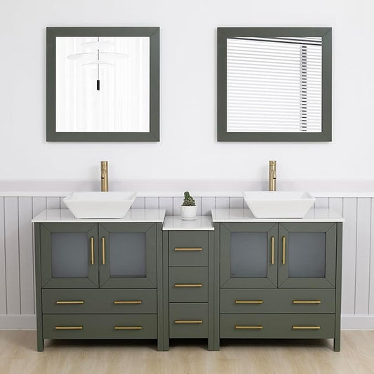 Vanity Art 72 Inch Vessel Double Sink Bathroom Vanity Cabinet with 2 Mirrors, Engineered Marble Top Bathroom Cabinet Compact Set with 7 Dovetail Drawers and Soft Closing Doors, VA3130-72VG