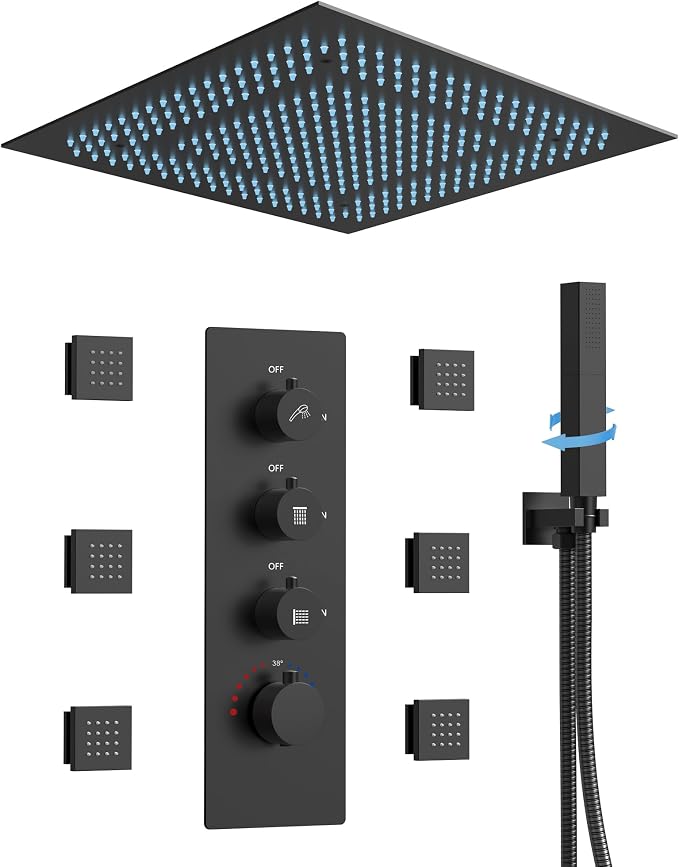 64 Color LED Mood Lighting Rainfall Shower System, 20" Ceiling Mount Bathroom Shower Faucet Set (Matte Black)