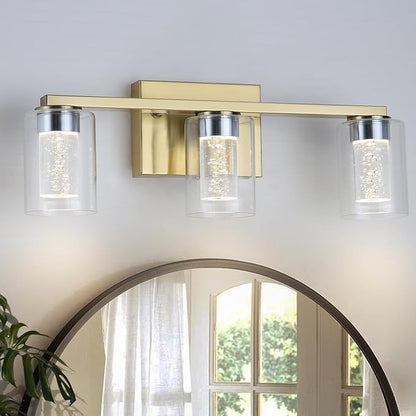 3-Light Bathroom Light Fixtures, Brushed Gold Dimmable Vanity Light with Clear Glass Shade, Crystal LED Bathroom Lights Over Mirror for Bedroom, Living Room, Hallway, Farmhouse