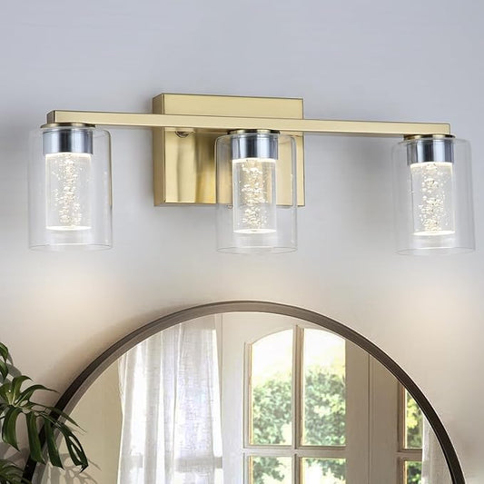 3-Light Bathroom Light Fixtures, Brushed Gold Dimmable Vanity Light with Clear Glass Shade, Crystal LED Bathroom Lights Over Mirror for Bedroom, Living Room, Hallway, Farmhouse