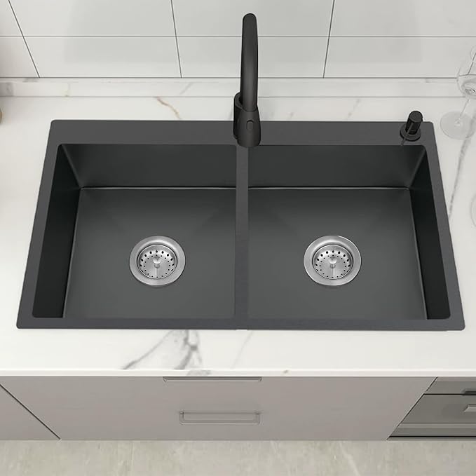 Black 33x22In Drop-in Kitchen Sink, Stainless Steel,50/50 Equal Double Bowl | Modern Topmount Kitchen Sink Combo, Include SS Grid,Silicon Mat,Soap Dispenser, Compatibility With Various Kitchen Style