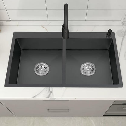 Black 33x22In Drop-in Kitchen Sink, Stainless Steel,50/50 Equal Double Bowl | Modern Topmount Kitchen Sink Combo, Include SS Grid,Silicon Mat,Soap Dispenser, Compatibility With Various Kitchen Style